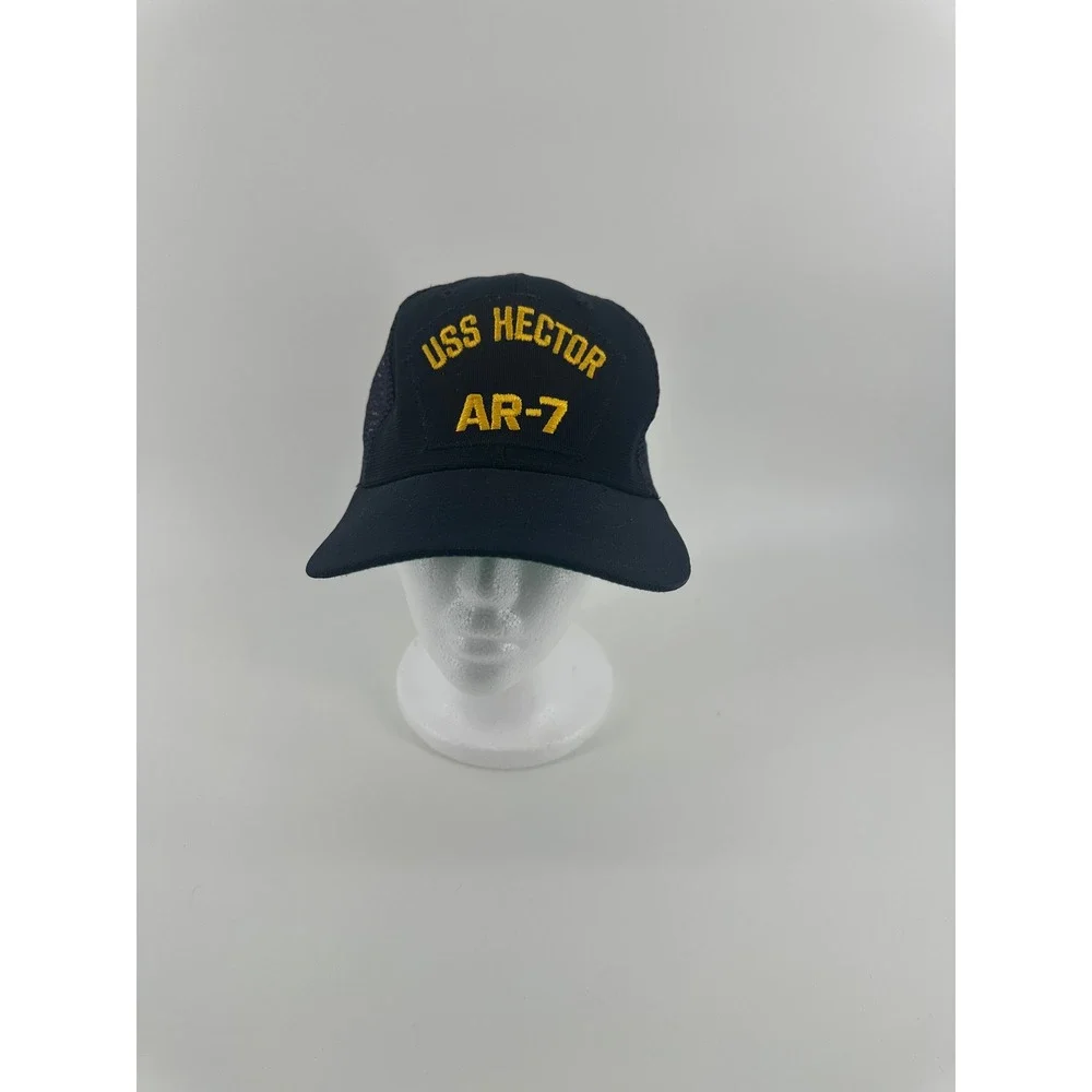 Vintage New Era USS Hector AR-7 Trucker Hat Navy Blue Snapback Made in USA